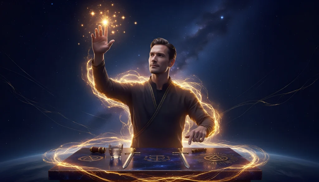 Arcana 1 The Magician in destiny matrix — confident figure with elemental tools and golden energy