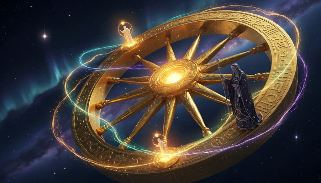 Arcana 10 Wheel of Fortune destiny matrix — glowing golden wheel in space representing life cycles and opportunity