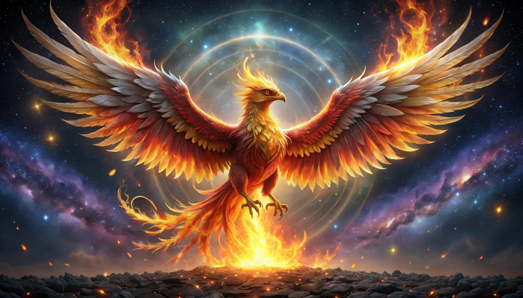 Arcana 13 Transformation destiny matrix — phoenix rising from ashes representing rebirth and deep change
