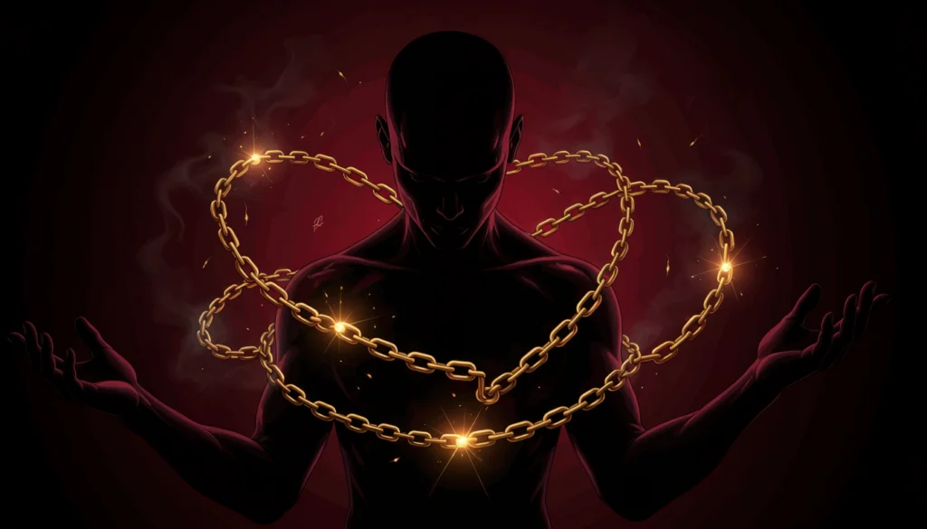 Arcana 15 The Devil destiny matrix — magnetic figure with golden chains representing desire passion and shadow work