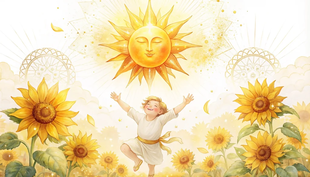 Arcana 19 The Sun destiny matrix — radiant sun with child representing joy confidence and positive energy