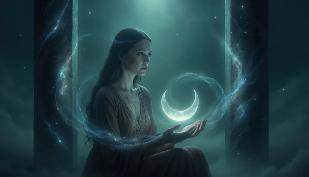 Arcana 2 The High Priestess destiny matrix — intuitive woman between cosmic pillars with moon energy