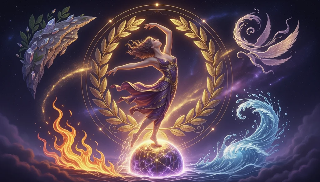 Arcana 21 The World destiny matrix — triumphant figure in laurel wreath representing completion success and global energy