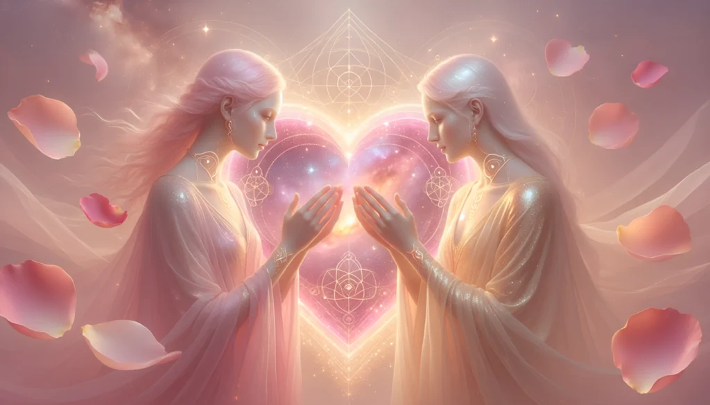 Arcana 6 The Lovers destiny matrix — two figures in glowing heart portal representing love and choices