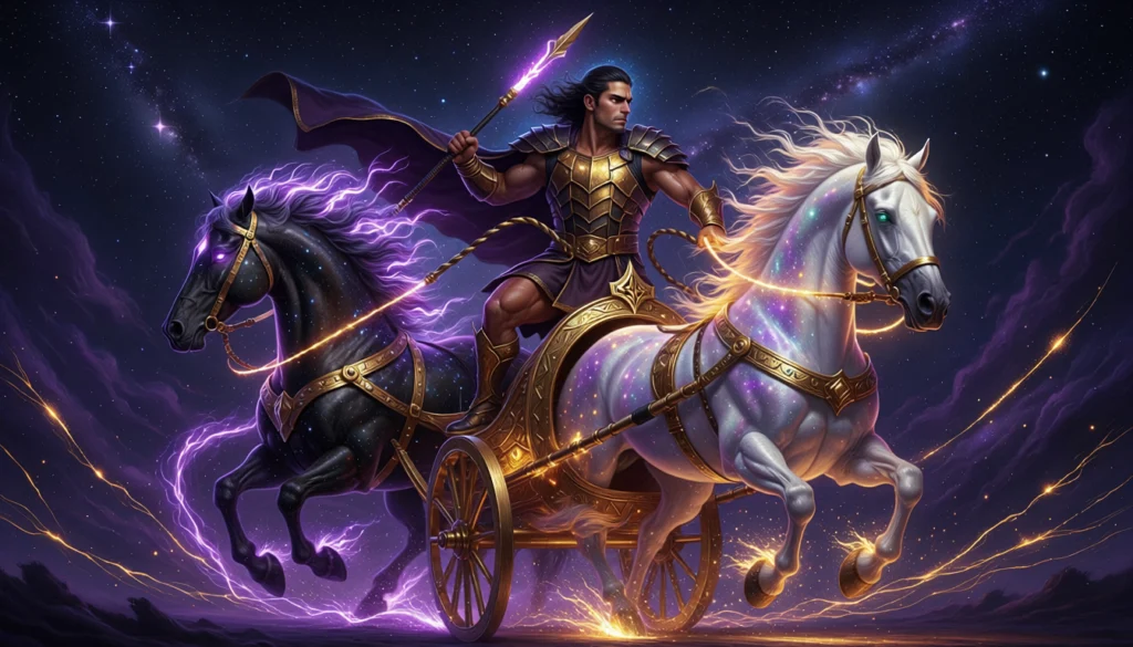 Arcana 7 The Chariot destiny matrix — warrior riding cosmic chariot representing ambition and forward movement