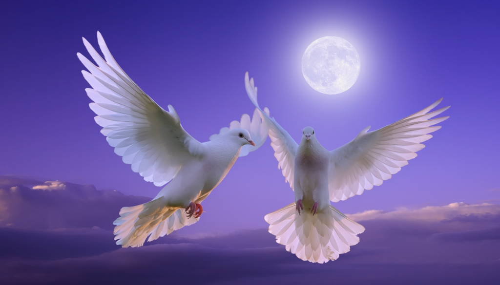 Two white doves flying toward full moon representing harmony peace and life purpose of Destiny Number 2 numerology