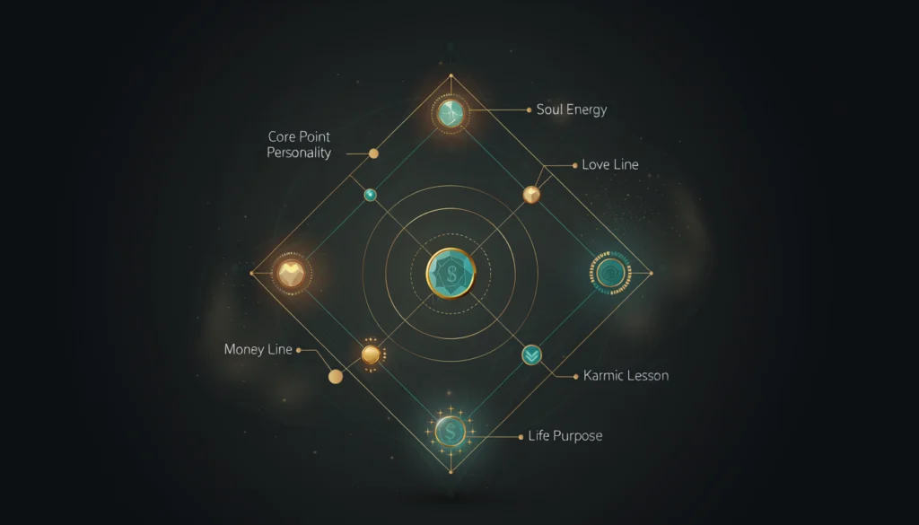 Destiny matrix chart positions diagram showing core personality soul energy love line money line and karmic lesson