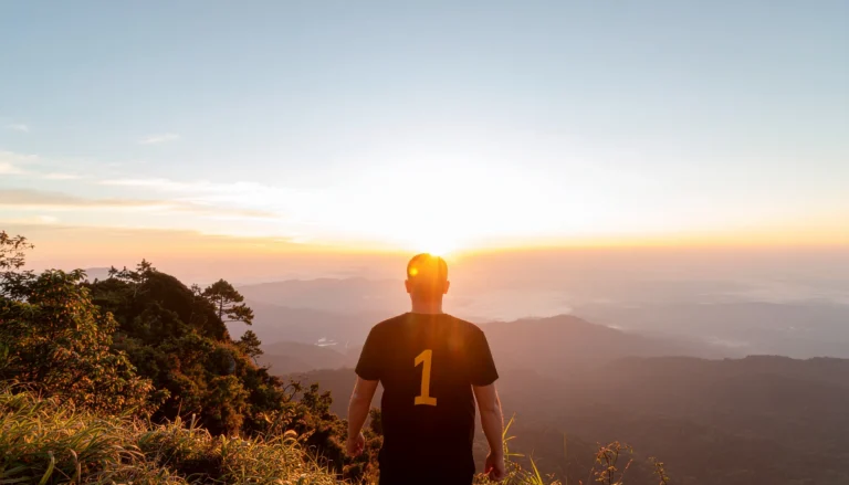 Destiny Number 1 in numerology — a confident leader standing at sunrise representing leadership, independence, and new beginnings