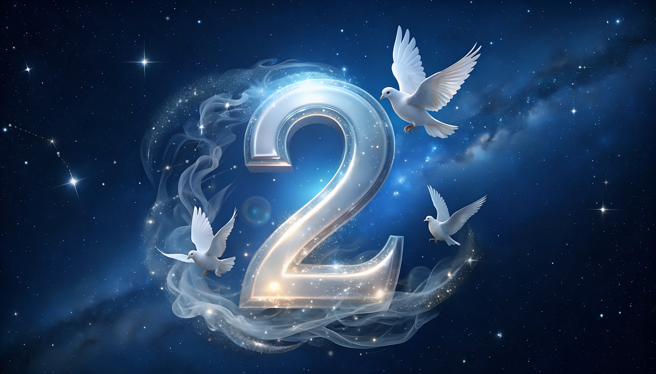 Destiny Number 2 glowing in moonlight with white doves and stars representing harmony and numerology