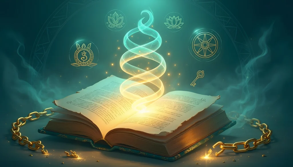 Destiny matrix karmic lesson meaning — open ancient book with glowing karmic energy spirals and breaking chains