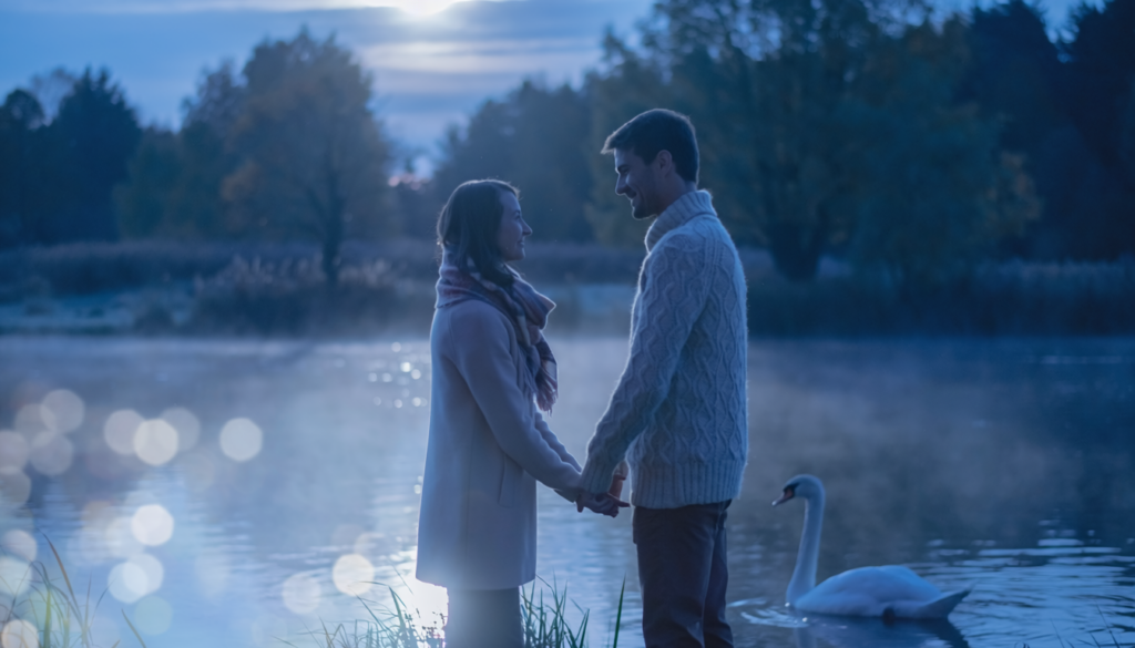 Couple holding hands near moonlit lake with swan representing Destiny Number 2 love compatibility and nurturing relationships