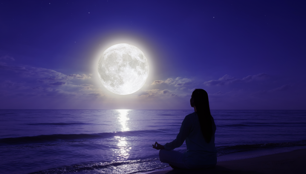 Silhouette meditating under full moon by ocean representing spiritual meaning and Moon in numerology for Destiny Number 2