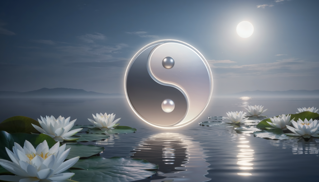 Yin-yang symbol floating over calm water representing numerology duality and balance of opposites in Destiny Number 2